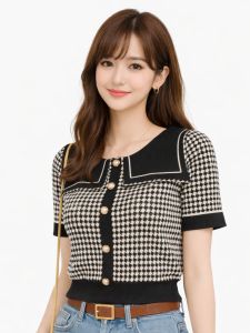 Women’s Elegant Houndstooth Knitted Cardigan with Sailor Collar Princess Sleeves Pearl Buttons