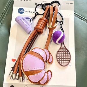 Summer Green Tea Frappuccino Cup Keychain Braided Rope Matcha Croissant Cake Keyring Mobile Phone Bag Pendant Key Ornaments Gifts