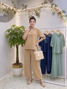 Set Bộ Đồ Nữ Trung Niên Áo Thêu Hoa Quần Ống Rộng Chất Đũi Lụa Co Giãn Bigsize M-3XL -SET016