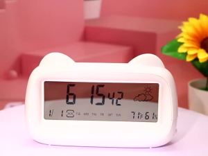 นาฬิกาปลุกดิจิตอลแสดงสัปดาห์ อุณหภูมิ ความชื้น พร้อมไฟพื้นหลัง รูปแมวน่ารักสำหรับเด็กและผู้ใหญ่ ข้างเตียง ใช้แบตเตอรี่