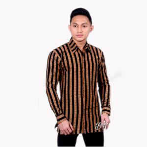 Kemeja Batik Pria Lengan Panjang Motif Lurik Besar Cokelat Kerja Pesta