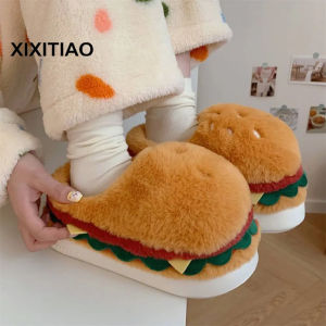 Xixitiao 2024 mùa thu và mùa đông mới vui vẻ nhà Dép bông đôi dễ thương Hamburger đầy đủ Gót Bọc Giày lông ấm nam nữ