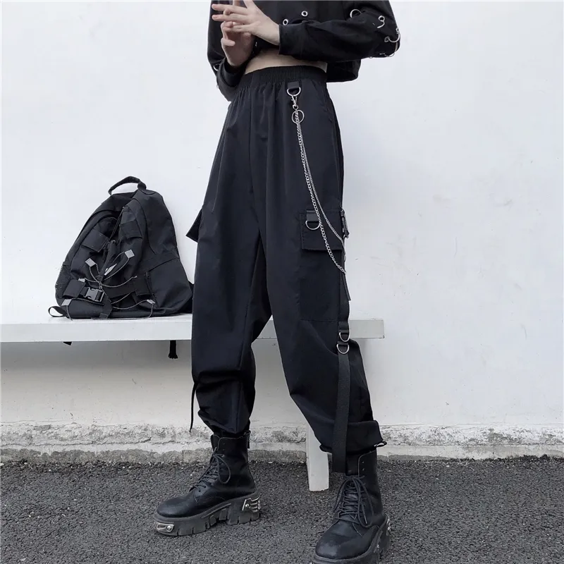 Black Cargo Pants Women Chain, Cargo Harem Pants Chain