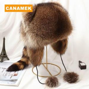 【CANAMEK】 Cute Raccoon Tail Plush Cap Women Winter Windproof Thick Warm Ears Fashion Outdoor Ear Flaps Bomber Hat Russian Hat