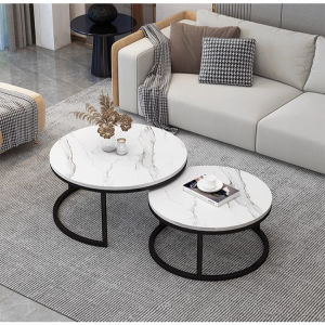 Nordic Marble Coffee Table Set of 2 Premium Gold Frame White Marble Space Saver Conceal Design