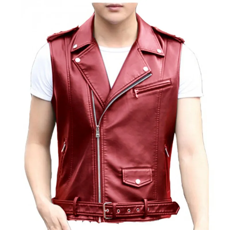 New Men's Slim Fit Punk Motorcycle Sleeveless Leather Jacket Vest