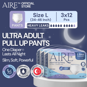 Aire Ultra Protection Adult Diaper Pull Up Pants - Size L (3X12 pcs)(2L Overnight- Heavy Leak Protection Super Soft)