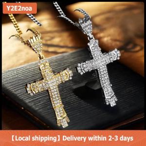【Local shipping】 Unique Hip Hop Inlaid Rhinestone Exaggerated Retro Cross Pendant Men Necklace Jewelry Accessries