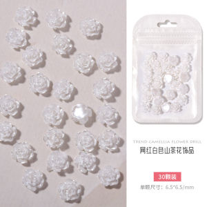 3D White Camellia Pearl Decoration Glitter Aurora Crystal Flower Ornament DIY Glamour Nail Art Accessories 30pcs/bag