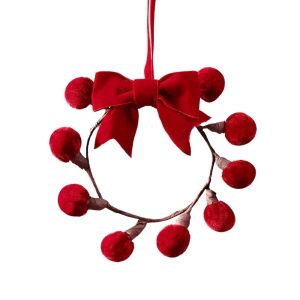 Sacesr Red Fabric Velvet Bow Christmas Ornament Wreath Shape Hanging Christmas Pom Pom Pendant Grape Shape H5K8Q