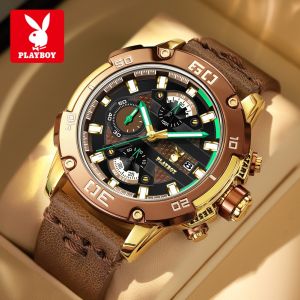 PLAYBOY Watch For Men Waterproof Original Quartz Chronograph Fashion Black Leather Relo For Man
