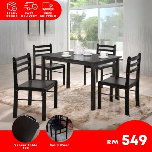 I HOME HAZEL Wooden Dining Table / Veneer Table Top with Solid Wood Leg / Solid Wood Chair with Wooden Seat