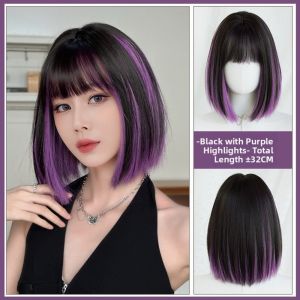 CNIEN8 Neat Bangs Black Bob Wig with Purple Highlights Synthetic Heat-Resistant Modest Fashion Wig Wear and Go Wigs Natural Short Straight Cosplay Wig for Halloween