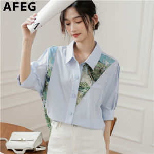 AEFG new Korean style off shoulder fashion casual loose all-match printed short-sleeved blouse for women