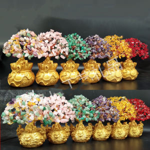 Dream Hunter Money Tree Bonsai Style Natural Feng Shui Gold Crystal Lucky Tree Wealth Fortune Money Bag Craft Decoration Home Office Dropship