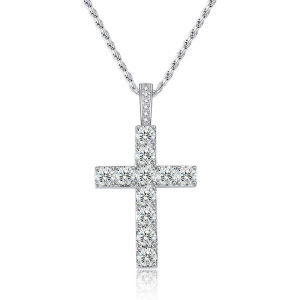 KNOBSPIN 5.5ct Moissanite Cross Necklace Solid s925 Sterling Silver 1.6mm Rope Chain Necklaces for Women Man Christian Jewelry