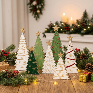 SWEET Wooden Christmas Tree Table Centerpiece Double-Sided Printed Self-Standing Decorative Sign Plaque Ornament 2D Flat Mantel Decor Christmas Party