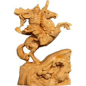 Guan Yu Statue - Riding a Horse Guan Gong Wooden Wealth God Statue Exquisite Wood Carving Sculpture Symbol of Luck Prosperity and Protection Perfect Feng Shui Home Decoration for Attracting Success and Harmony in Your Space
