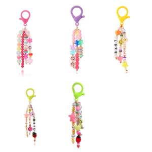 Colorful Bead Keychain Charm for Kids and Students School Bag Pendant Smiling Face and LOVE Letter Beaded Keychain