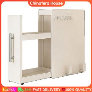 Kitchen Narrow Side Countertop Storage Rack with Handle & Hooks Kitchen Narrow Seasoning Rack for Bathroom Under Sink and Coffee Bar