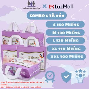 [COMBO 5 Bịch] Bỉm tã dán bé sơ sinh Miracle Baby chất liệu Protein tơ tầm thấm hút mềm mại 5 size SMLXLXXL