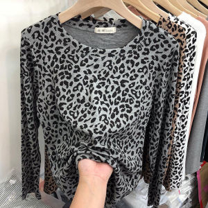 IELGY Womens Leopard Print Slim Fit Korean Style Long Sleeve T-Shirt