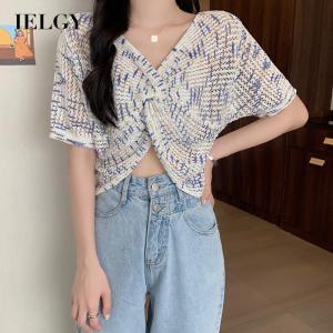 IELGY Áo Len Dài Tay Vải Viscose Ngắn Áo Cánh Mùa Hè Hở Rốn Dáng Rộng Ngắn Hợp Xu Hướng Không Đều Thắt Nút Cầu Vồng Sang Trọng Nữ