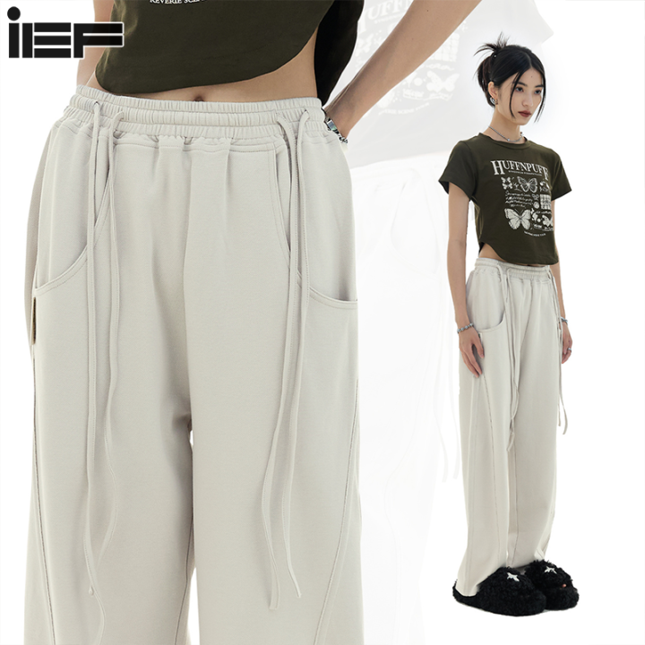 IEF American style double drawstring elastic waist straight wide leg ...