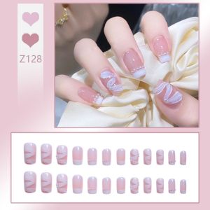 24pcs Fake NaiIs With GIue Short/Iong False Nails Nail Art Pearl Powder Transparent Nails