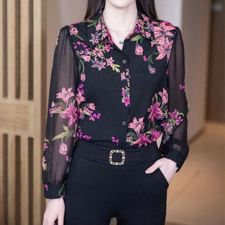 Printed Floral Chiffon Lace Blouses for Women Long Sleeve Flower Loose  Elegant Casual Top Lazada PH