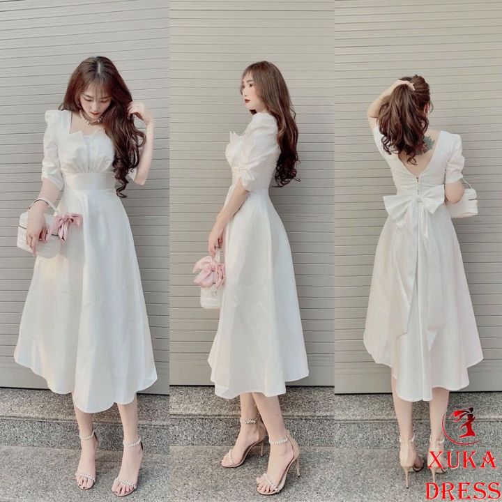 Váy dự tiệc trắng xòe trễ vai V1425 - Đầm đi ăn cưới xinh | Shopee Việt Nam