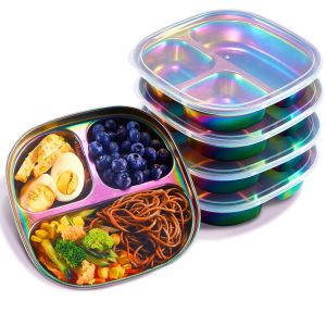 GFBB Reusable Portion Control Plate 304 Stainless Steel Dazzling 3 Compartment Food Tray Kids Feeding Bowls Square Salad Barbecue Plate Adults/Kids