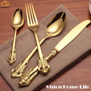 Vision Luxury Cutlery Set Premium Stainless Steel 4PCS Cutlery Set Golden Relief Fork Spoon Tea Spoon Dining Tableware Flatware Set Court Banquet Western Tableware