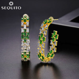 SEQUITO Gorgeous Baguette Cut Cubic Zirconia 18K Gold Plated Big Oval Hoop Earrings for Women Prom Party Costume Jewelry Lady Fashion SE158