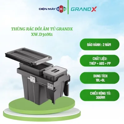 GrandX XW.D30M – Thùng rác đôi có khung âm tủ – Ray giảm chấn – Nhựa cao cấp bền đẹp