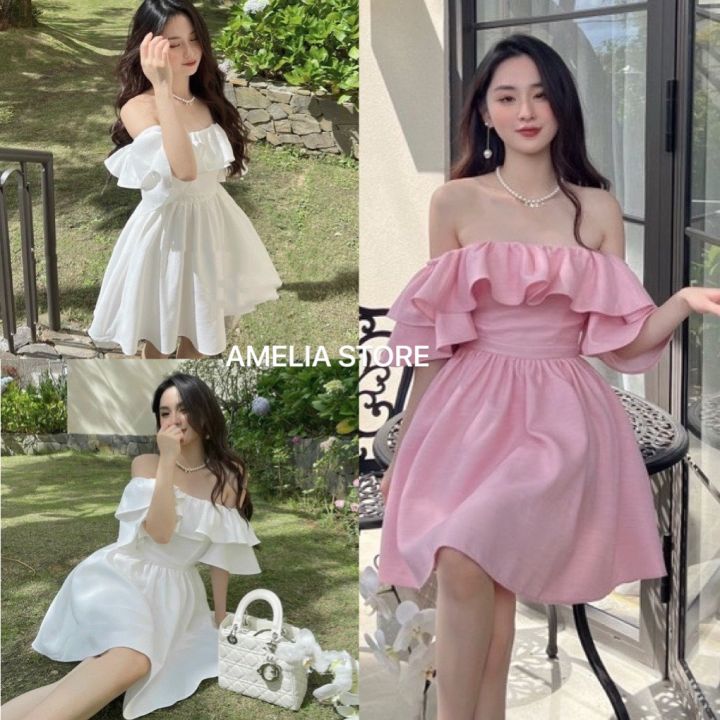 Váy babydoll trắng, 2 dây, trễ vai, vải hoa trắng có lớp lót-203bv24- denta  shop | Shopee Việt Nam