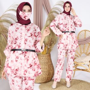 Fya Shope - Stelan Kemeja Tunik & Celana Kulot Wanita Muslimah Free Masker Tunik Rayon Motif Asli Blouse Fashionable Baju Elegant Kekinian Set Hanisi Busui Friendly Real Pict