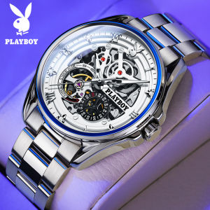 PLAYBOY elegant luxury automatic machine steel strap watch for men brand original waterproof multifunctional hollow special design dial