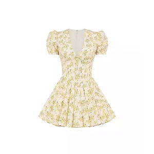 ชุดเดรสสั้น ลายดอกไม้ สีเหลือง คอวี มีซิปหลัง มีสายผูกคล้องคอหรือโบว์ แขนตุ๊กตาสม็อคยางยืดวงแขน กระโปรงทรงเอจับจีบรอบ ผ้าโพลิเอสเตอร์ Dress ชุดไปงานแต่ง #8125