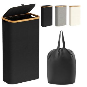 SDFBN ที่จับไม้ไผ่ ตะกร้าซักผ้าแบบบางพร้อมฝาปิด กระเป๋าด้านในถอดออกได้ พับเก็บได้ ถังเก็บของเก็บของ แบบพกพาได้ น้ำหนักเบามาก ถังใส่ตะกร้าผ้า ห้องน้ำในห้องน้ำ