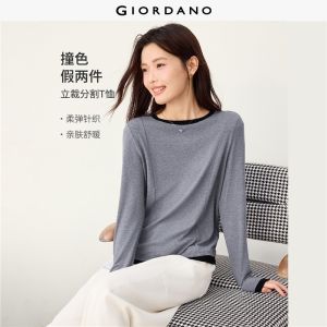 Giordano Beau Monde Women Fake two-piece contrast trim long sleeve tee Free Shipping 13326611