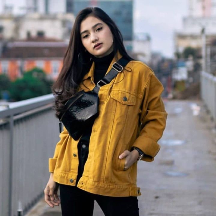 Jaket store denim mustard