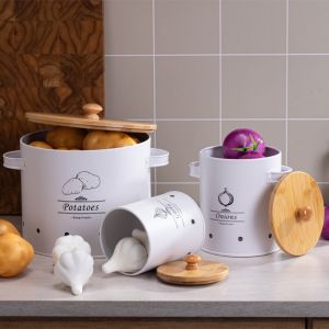 KAWAII BOX with Lid Potato Onion Garlic Storage Jar Carbon Steel Ventilation Holes Potato Storage Container Vegetable Container White Garlic Keeper Pantry