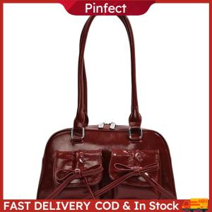 Women Fashion Shoulder Bag Double Pockets PU Leather Daily Commuting Bag with Bow Simple Shopping Bag Solid Color for Travel Vacation