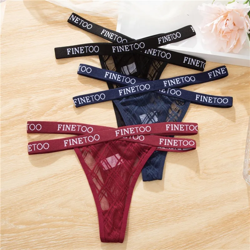 FINETOO Lace Leter Belt Thongs Women Low Waist Underpants S-XL