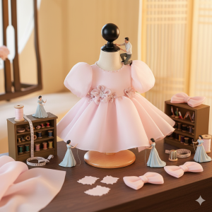 Váy công chúa dài tay cổ ngọc kèm cài 4-44 kgVáy cho bé gái đầy tháng thôi nôi sinh nhật chất mềm TN24624003