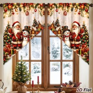 UNIITY Ông già Noel và người tuyết trong phim hoạt hình. Rèm cửa Giáng sinh Đỏ Polyester Rèm hình tam giác Lễ hội 2D Rèm ngắn Trang trí nhà cửa