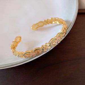 REEBO Gold Enamel Glazed Bracelet Flower Handicraft New Chinese Style Bangle Fashion Traditional Hanfu Jewelry Gifts