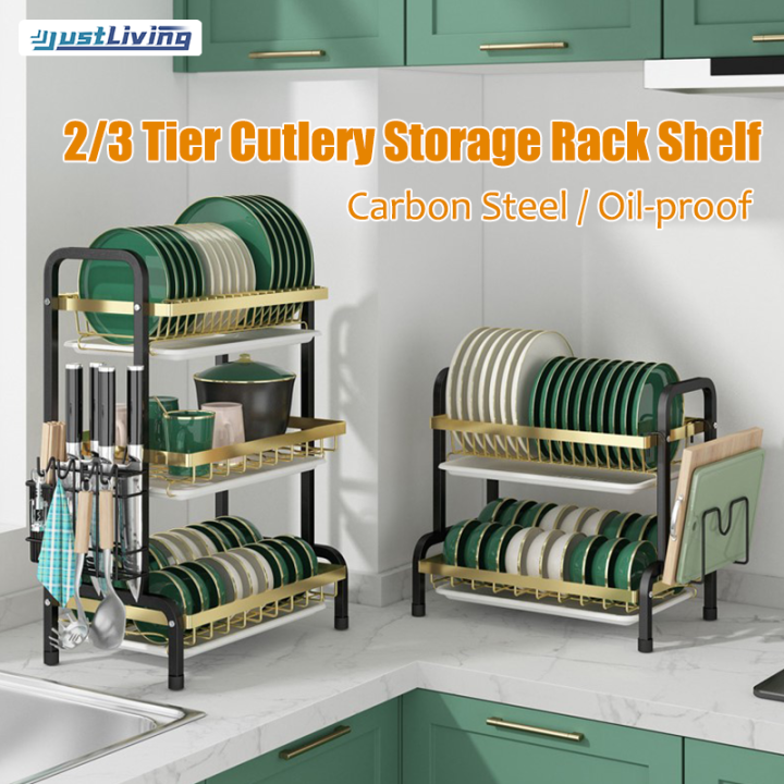 JustLiving 2/3 Tier Kitchen Dish Storage Rack Black Gold Carbon