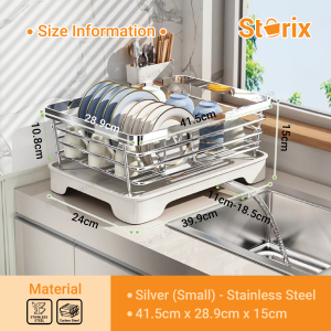Storix Stainless Steel/Carbon Steel Kitchen Countertop Dish Drying Rack with Cutlery Holder Bowl Plate Drainer Storage